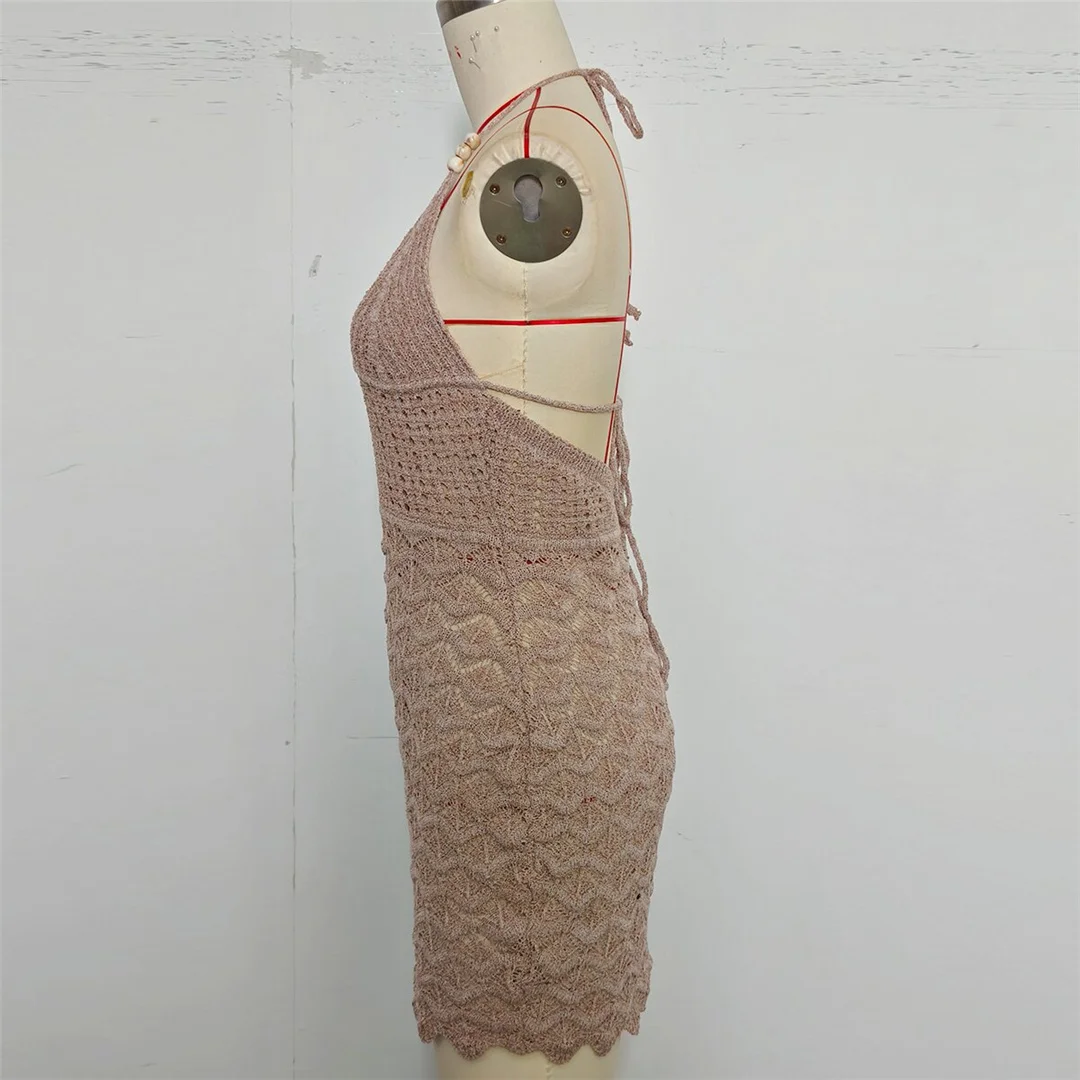 V-Ausschnitt, halterneck, rückenfrei, einfarbig, gehäkelt, gestrickt, Tunika, Strandkleid, Strandmode, Damen V8516 – Detail 13