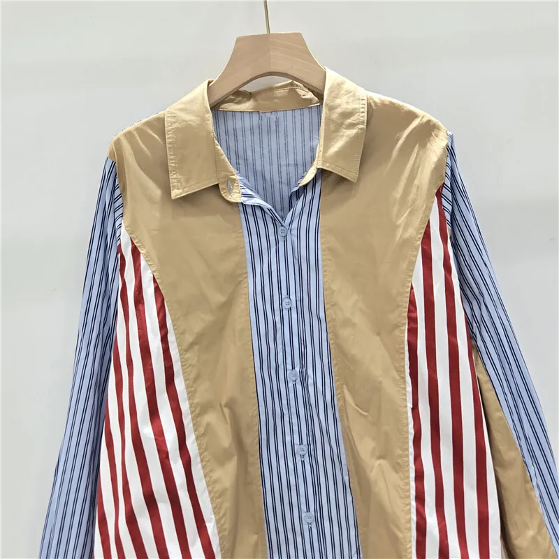 HKSH Primavera Autunno Nuove Donne Camicia Alla Moda Elegante Irregolare A Righe Patchwork Design Giacca Allentato Pigro Casual di Nicchia Magliette E Camicette HK12776