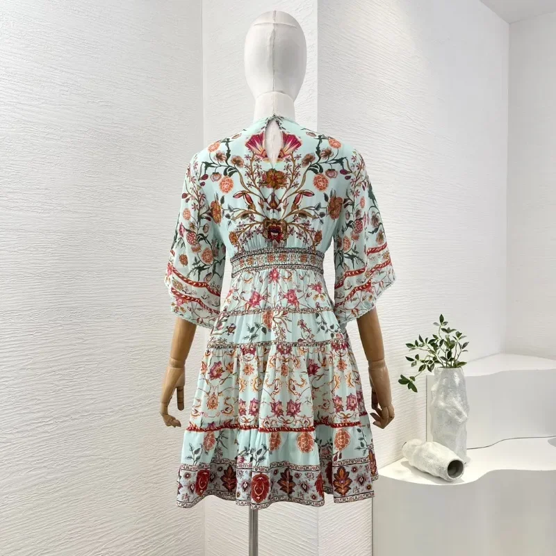 Ladies' Green Orange Elegant High Quality Silk New Fashion Style Floral Print 3/4 Sleeve Pleat Mini Dresses for Daily