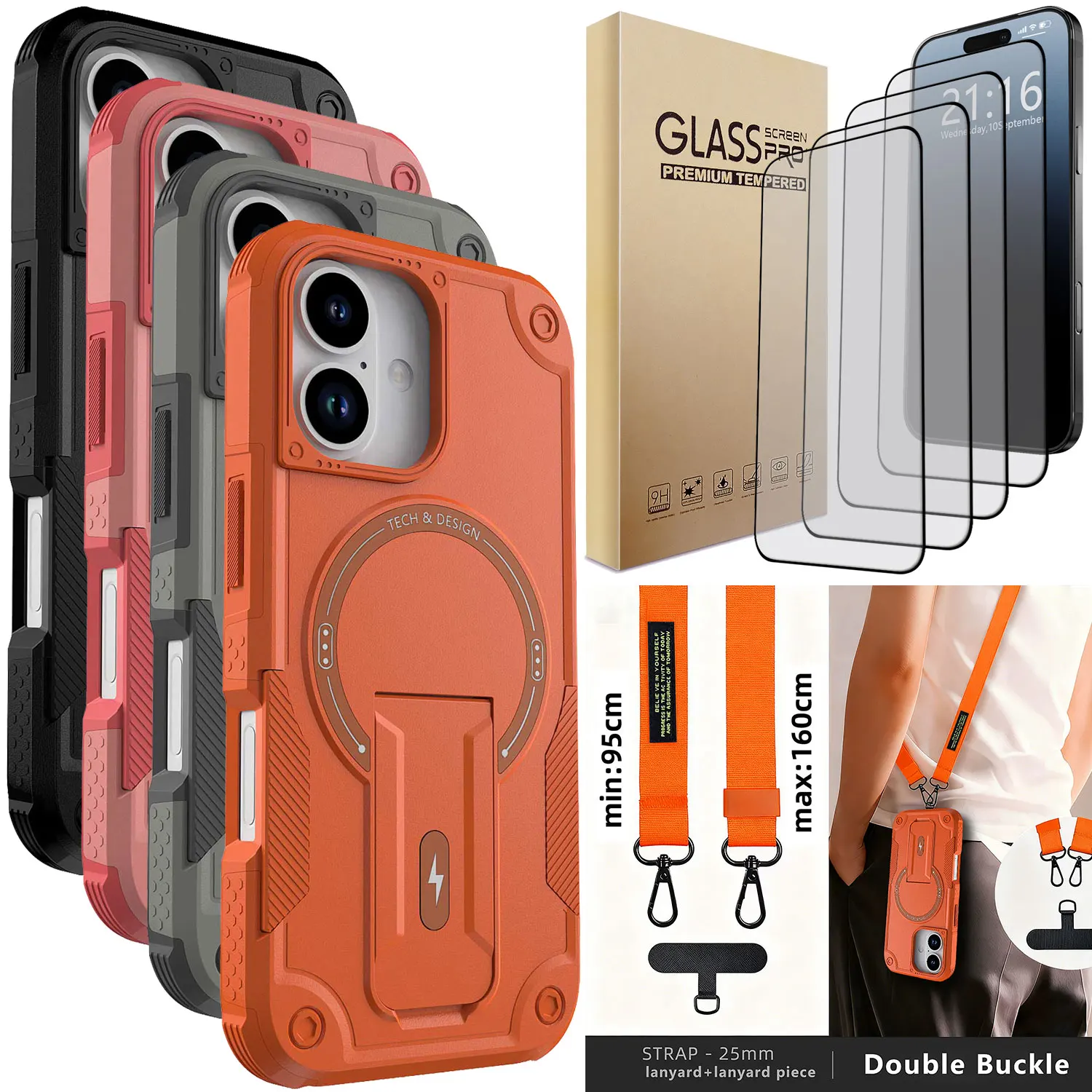 

For iPhone 17/17 Air/17 Pro/17 Pro Max Magnetic Case Kickstand Cover +Phone Chain +4PCS Clear Tempered Glass Screen Protector