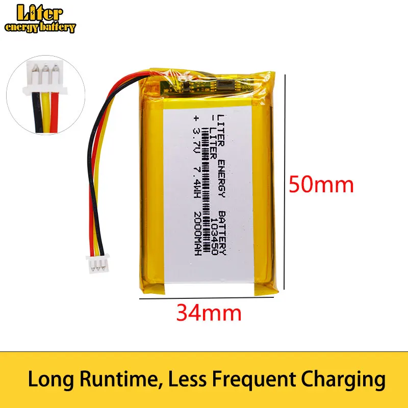 li-po 1.25mm connector 103450 3.7V 2000MAH lipo polymer lithium rechargeable battery GPS navigator DVD recorder headset e-book