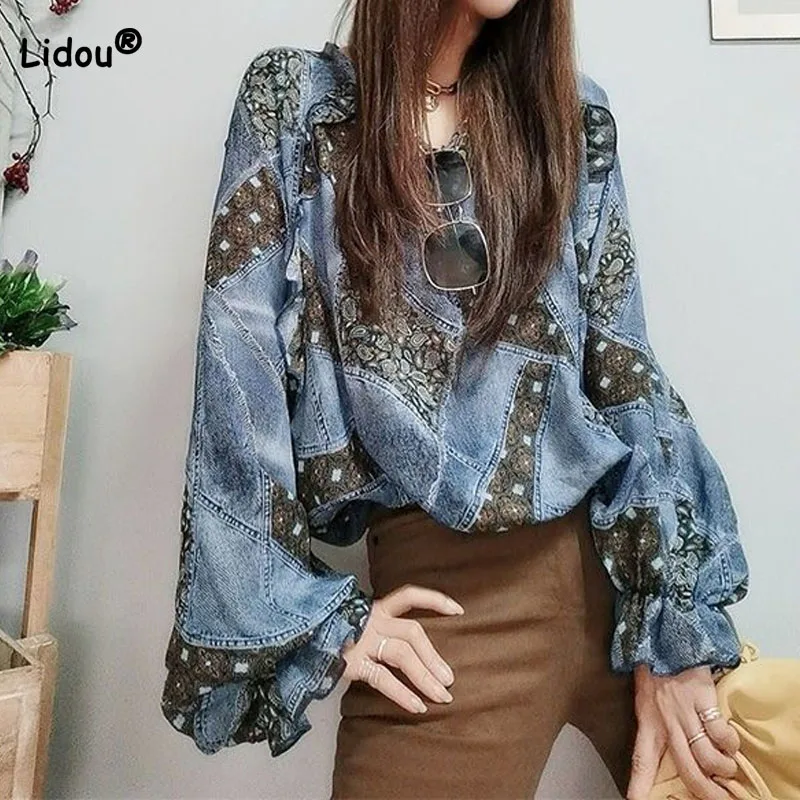 

Korean Vintage Lantern Sleeve Printed Blouse Female 2023 Summer Women's Clothing Fashion Ruffles Spliced Casual Round Neck Shirt