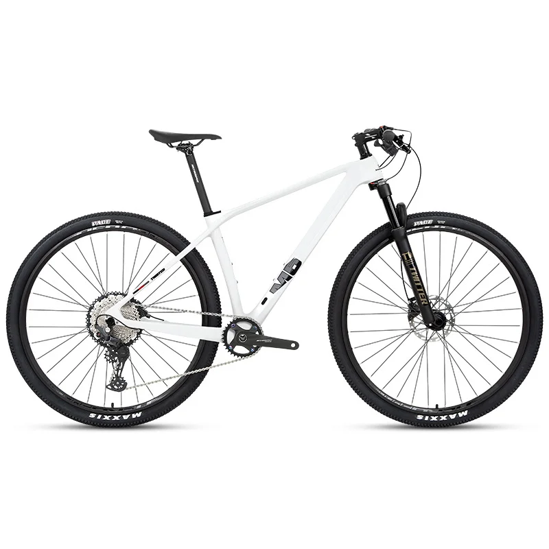 

White Carbon Fiber Mountain Bike with 12-speed Derailleur, Disc Brakes, Tubular Axle and Air Fork, for Off-road Use.