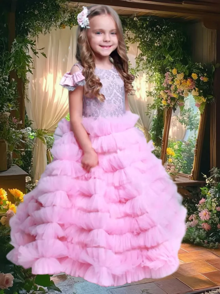 

Lovely Flower Girl Dress Pink Sleeveless Tulle Fluffy Layered Princess Ball Evening Dresses Kids Birthday Party Gowns