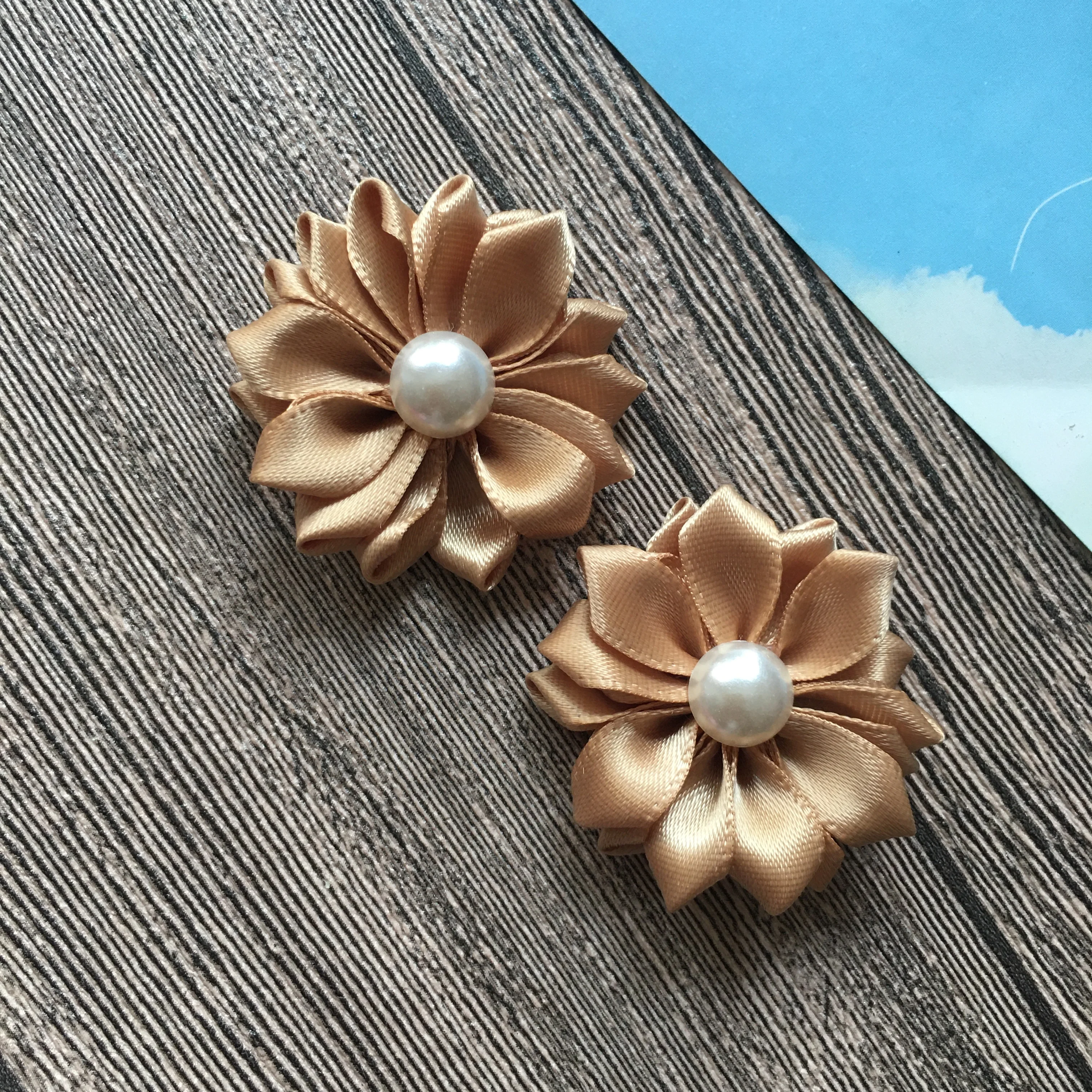 New 10pcs Classical 4.0cm Solid Satin Flower With Pearl Center DIY Baby Children Accessories Home Decoration