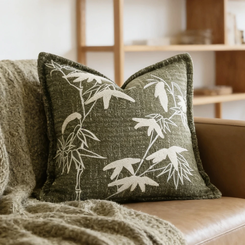 HINYEATEX Chinese Style Embroidery Bamboo Leaves Green Woven Sofa Decorative Pillow Case 45x45cm 1 Piece Pack Sofa Gift