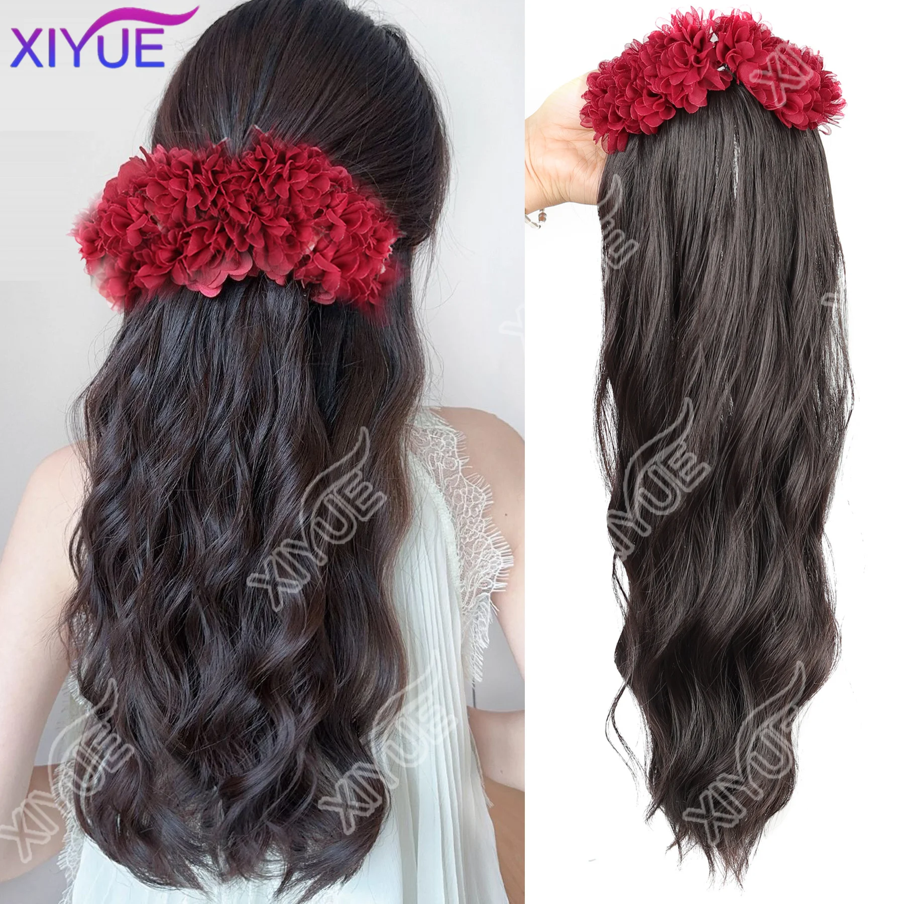

XIYUE синтетический длинный вьющийся парик, зажим для когтей, пушистый зажим с цветком в хвосте, парик, красный, черный парик, заколка для волос, аксессуары для волос