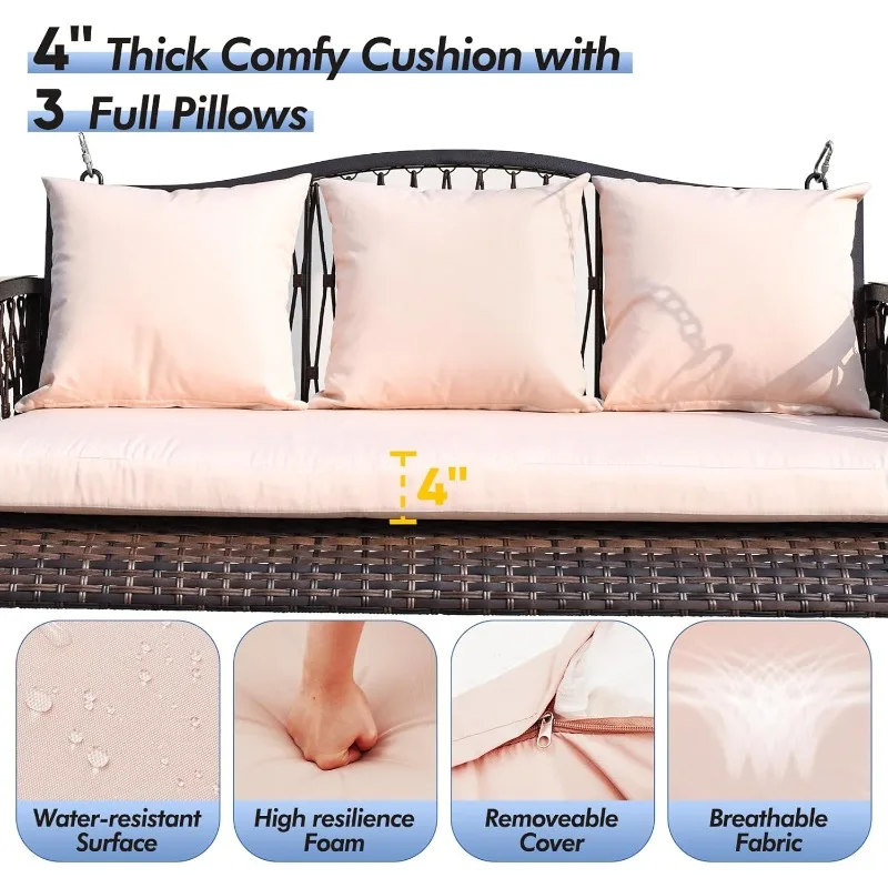 أرجوحة شرفة من الخوص شديدة التحمل 900 رطل 3 مقاعد كرسي أرجوحة للفناء الخارجي مع وسائد وسلاسل 8.9 قدم مقعد معلق خارجي مع U