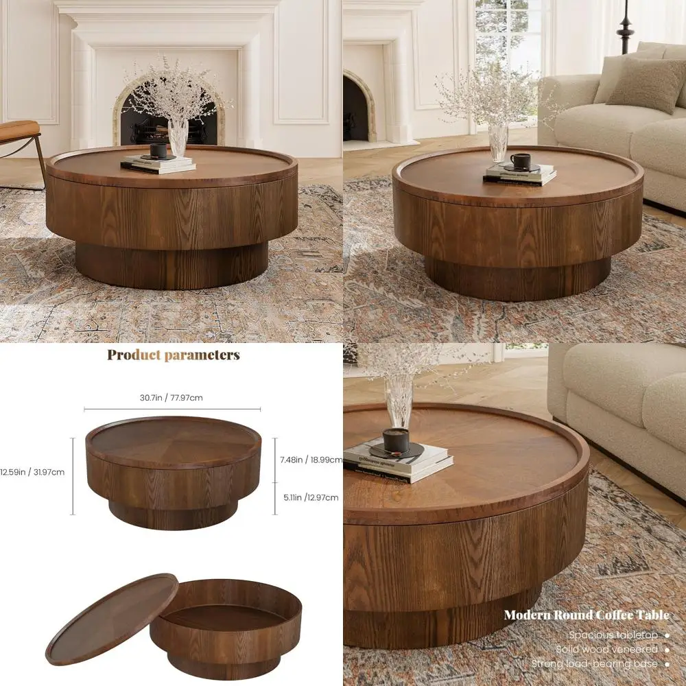 

Современный круглый журнальный столик в деревенском стиле с местом для хранения, диаметр 30,7 дюйма, центральный столик ручной работы в стиле барабана