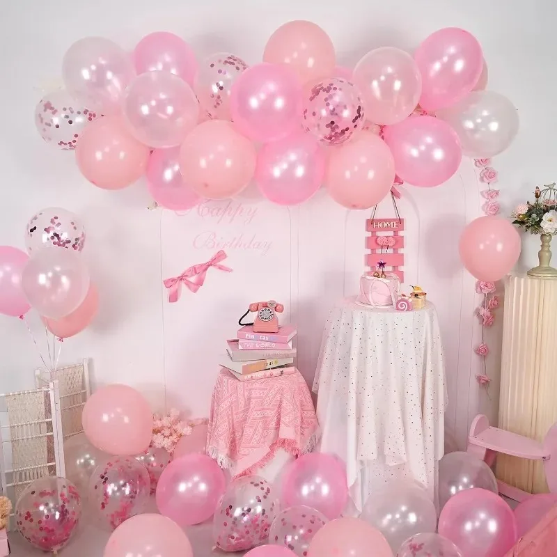 60 paquetes de 12 pulgadas para decoraciones de fiesta de cumpleaños, globos de boda para niñas y mujeres, rosa claro y blanco con globo de confeti