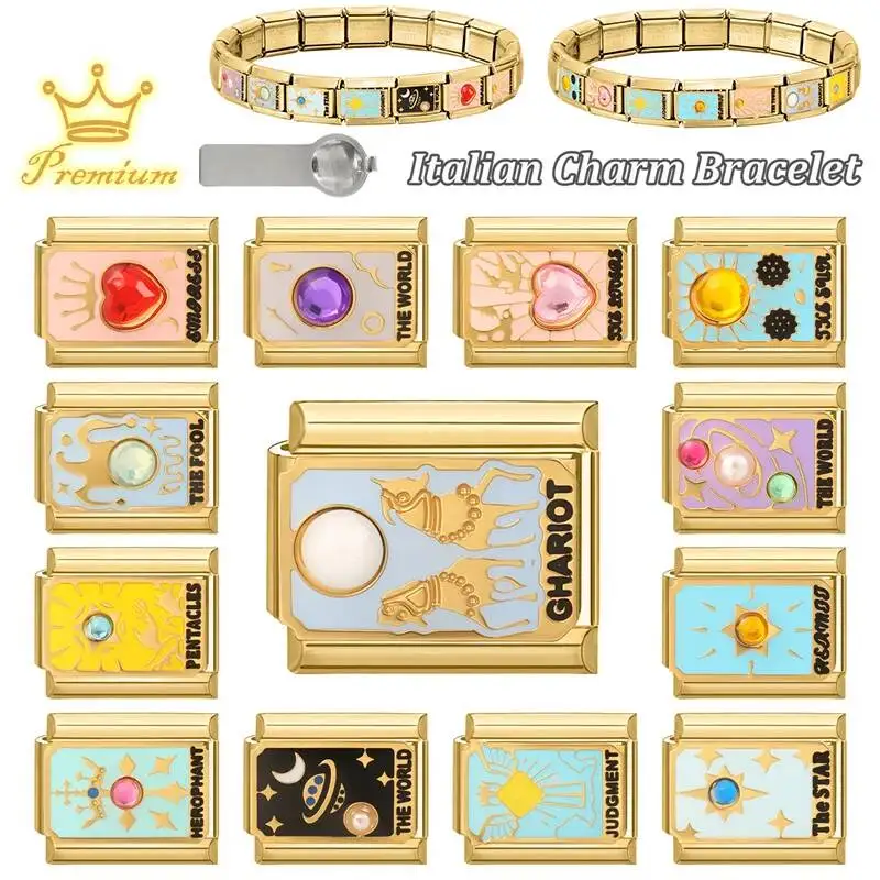 Original Golden Tarot Cards Zircon Italian Charm Bracelet Stainless Steel Women Jewelry DIY Making Gifts Drop Shipping