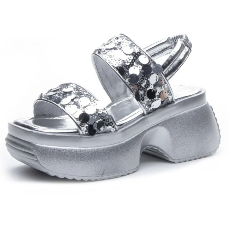 Krasovki 7cm Women Sandal Slippers Pumps Platform Wedge Shoes Microfiber Synthetic Leather Flats Summer Peep Toe Fashion Bling image 2