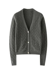 CHICUU Luxury Women 100% Cashmere Sweater V-neck Cardigan Cable Knitting Cashmere Knitwear Autumn Winter Grace Style Tops