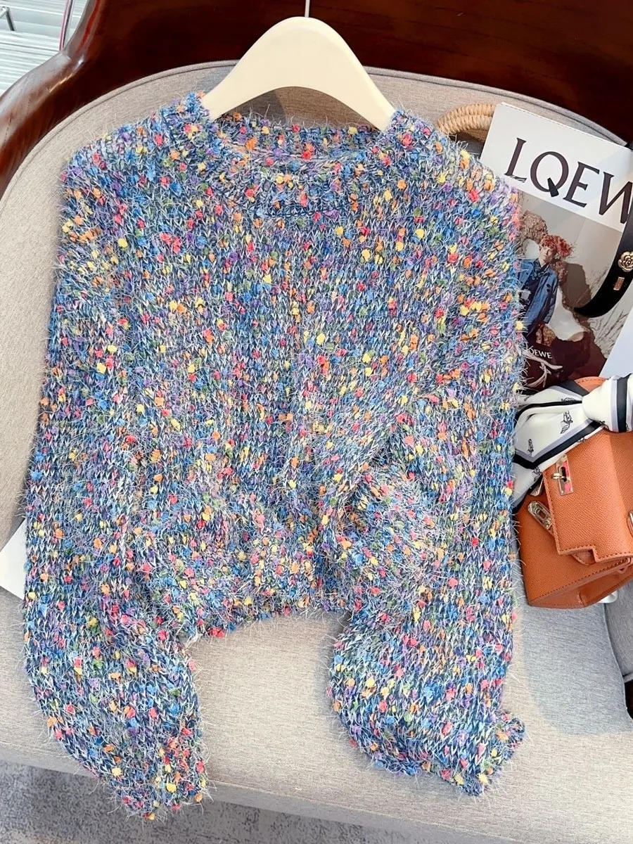 

Ladies Short Rainbow Design Knitted Sweater Soft Mouton Autumn Winter Fashion Set Cozy Warm Hat Scarf Gloves Combo
