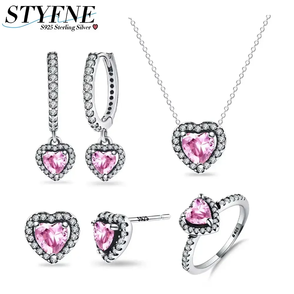 Pink Shiny Love Full of Diamond Jewelry 925 Sterling Silver Set Series Charm Ring Necklace Earrings Women Exquisite Jewelry Gift