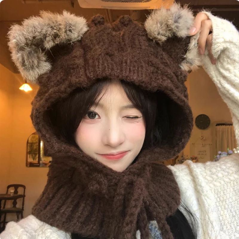 

Новая милая шапка-балаклава с кошачьими ушками, зимняя уличная теплая защита шеи, интегрированный вязаный пуловер, шапка-бини