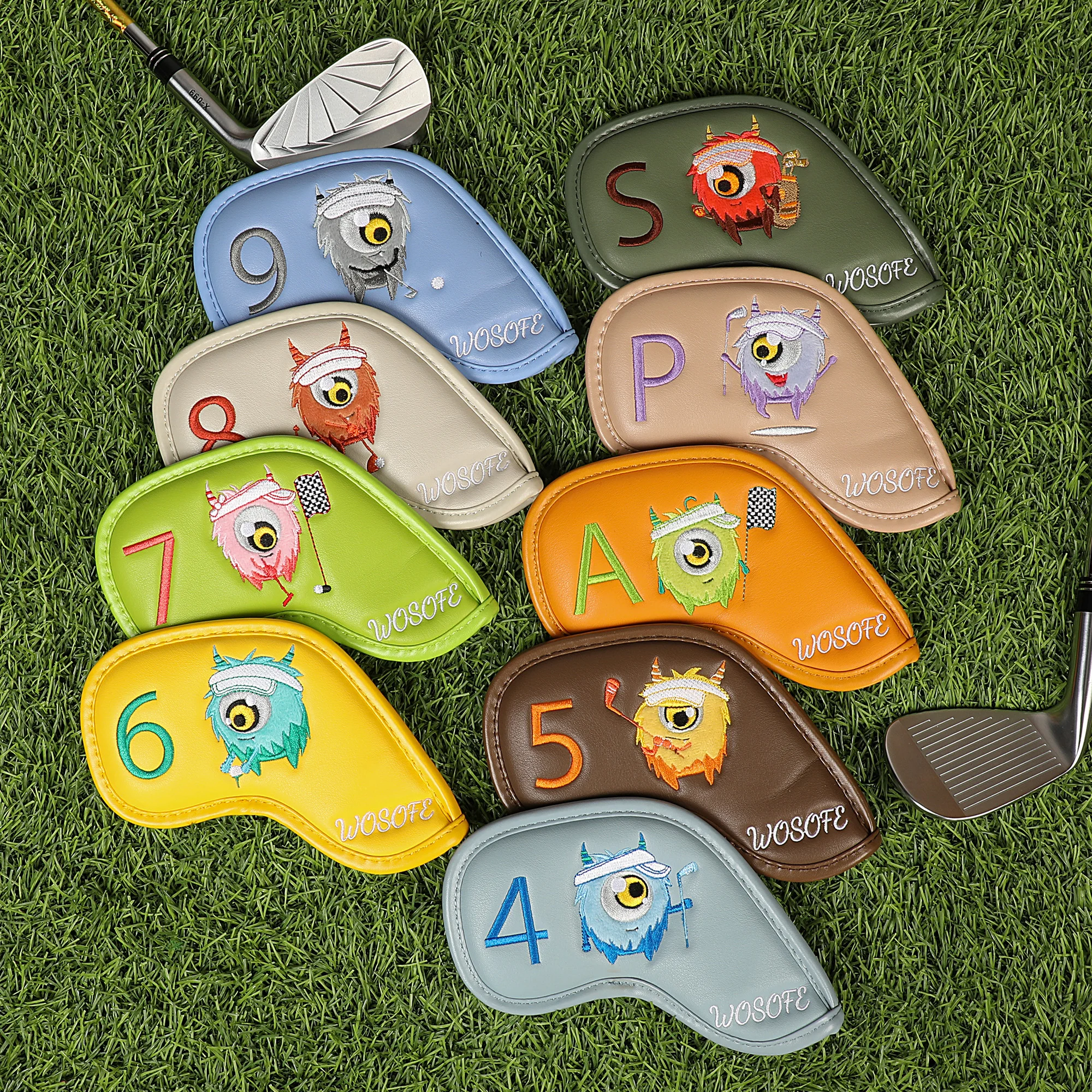 9 Pcs Golf Iron Head Covers Fun Monster Embroidery, Universal PU Material Golf Club Protectors, Mixed Colors Golf Accessories image 3