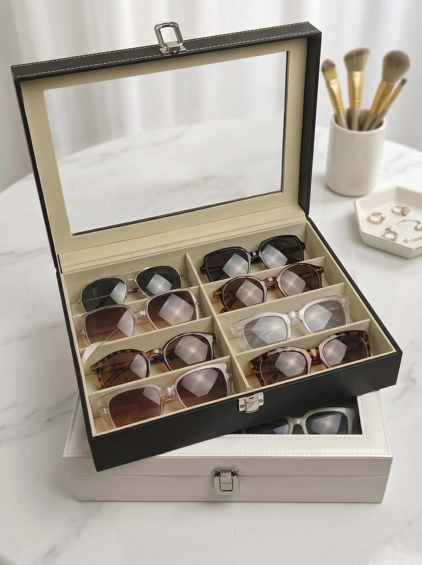 8 Slots Sunglass Organizer Glasses Case Multiple Pairs With Lid Sunglasses Storage Case Box for Women Men Jewelry Rings Necklace