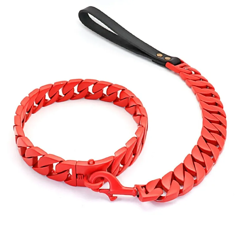 32Mm Red Stainless Steel Dog Chain Collar Solid Buckle Necklace Bulldog Chain Medium and Large Pet Supplies Puppy Accessories