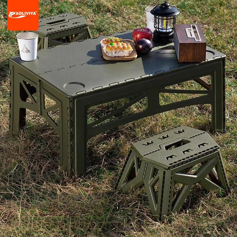 AOLIVIYA Outdoor Portable Camping Equipment Small Table Plastic Stool Folding Table and Chair Set Simple Sketch