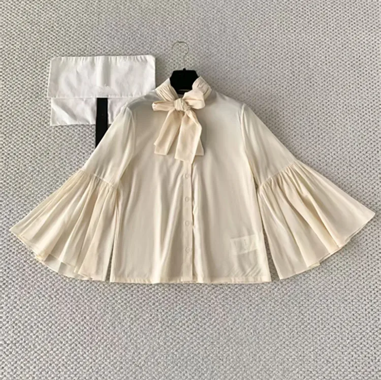 

Customization European women's fashion 2026 spring new styles Flared sleeves Belted collar Single-button silk shirt