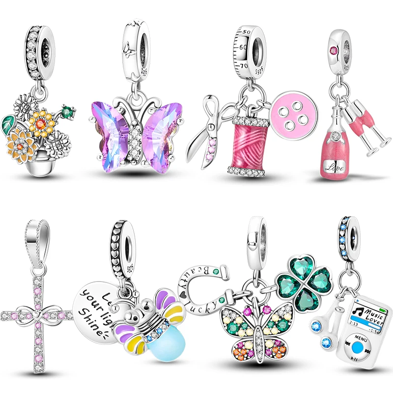 Original S925 Silber Überzogene Exquisite Sonnenblume Schmetterling Leuchtende Glühwürmchen Anhänger Charms Fit DIY Armband Feine Party Schmuck