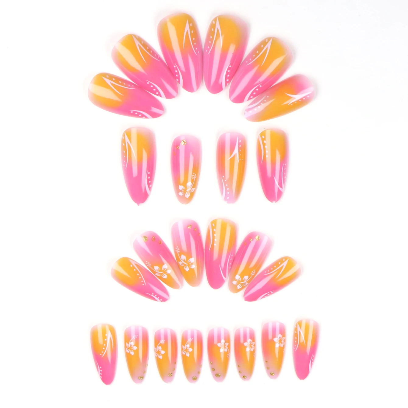 24개의 다채로운 꽃 아몬드 모양 인조 손톱 세트, 1개의 네일 파일 & 1개의 네일 글루 스티커 키트로 당신의 손톱을 업그레이드하세요