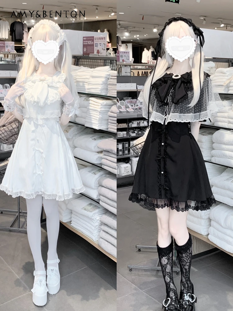 

Japanese Girl Mine Mass-Produced Mesh Cape Lace Short Sleeve Slim A-line Dress for Women Summer Sweet Cute Bow Lolita Dresses