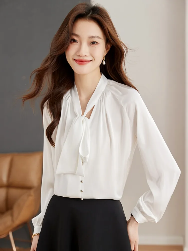 

Ele White Silk irt Women's Long Sve Autumn Top 2026 New Profional High-End Lightweight irt Commute Sle Straig...