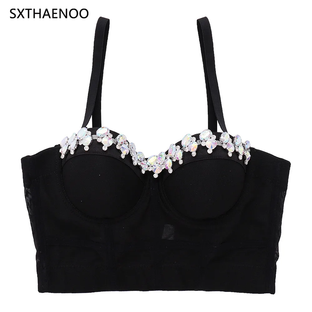 

SXTHAENOO 2022 Sexy Rhinestone Crop Top Nightclub Party Solid Color Woman Camis Tops With Built In Bra ropa mujer топ женский