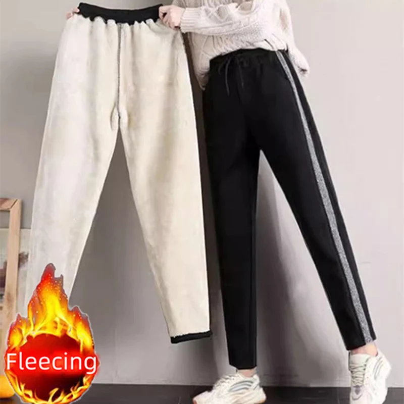 Fleece Lamb Wool Plush Pencil Pants Basic Drawstring Thick Sweatpants Gold Trimmed Black Casual Long Pant Woman Clothing Winter