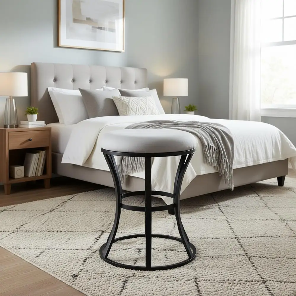 

Серый табурет-пуфик с круглым сиденьем для макияжной, спальни, гостиной и прихожей