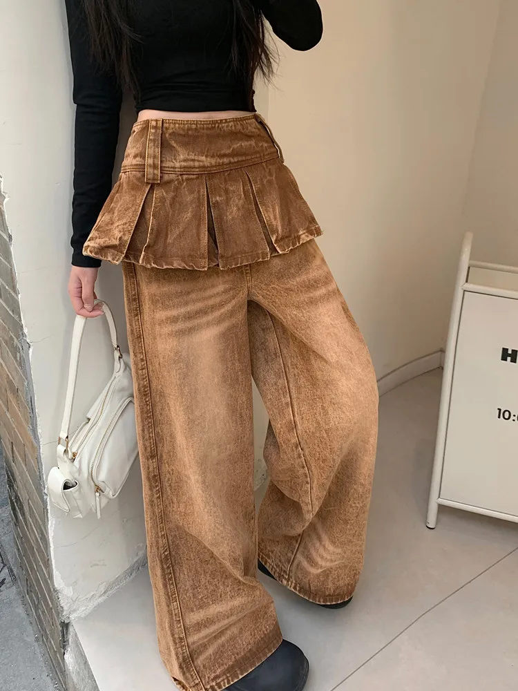2026 Cyber Y2K Streetwear Vintage Braune Baggy Stacked Jeans für Damen – Weite Bein Denim-Hose Pantalon Femme – Detail 11