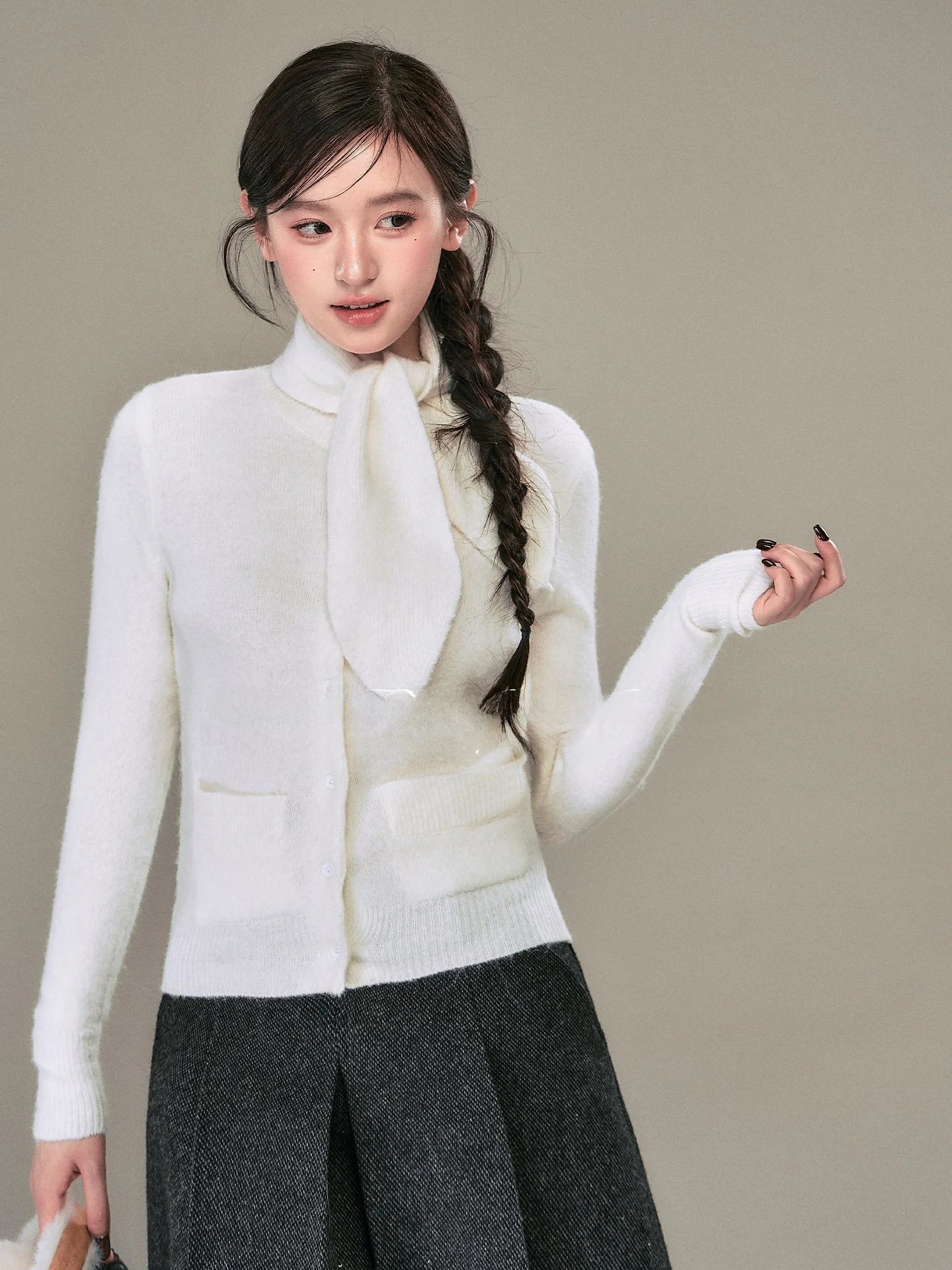 

OIOI E Women's Knitted Long Sve Cardigan with Detachable Scarf Collar Casual Sle Autumn Winter Slim Fit Sweater