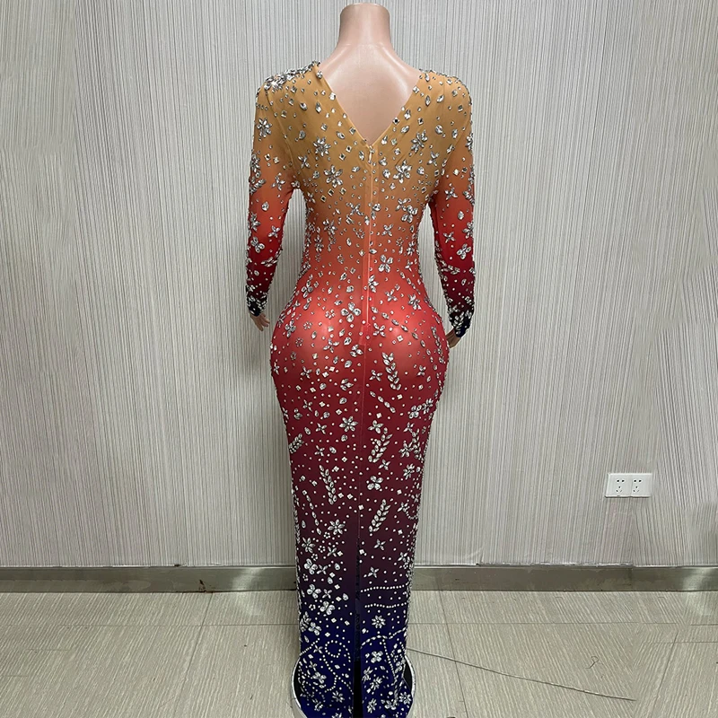 반짝 이는 그라디언트 라인 석 드레스 긴 소매 댄스 파티 드레스 이브닝 드레스 여성 생일 축하 의상 레이브 복장 XS5693