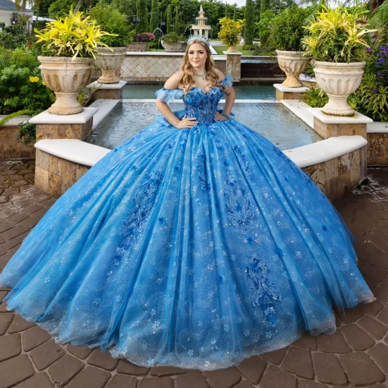 Niebieskie Błyszczące Sukienki Quinceanera Suknia Balowa Odkryte Ramiona Aplikacje Cekinowe Koronka Koraliki Kryształ Tiul Słodka Sukienka na 16 Urodziny Vestidos 15