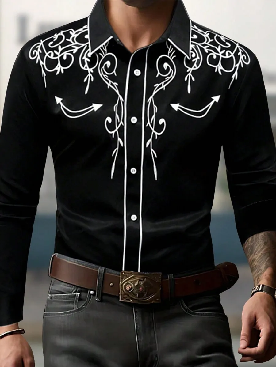 

Men's Black Western-Style Long Sleeve Shirt with White Floral Embroidery