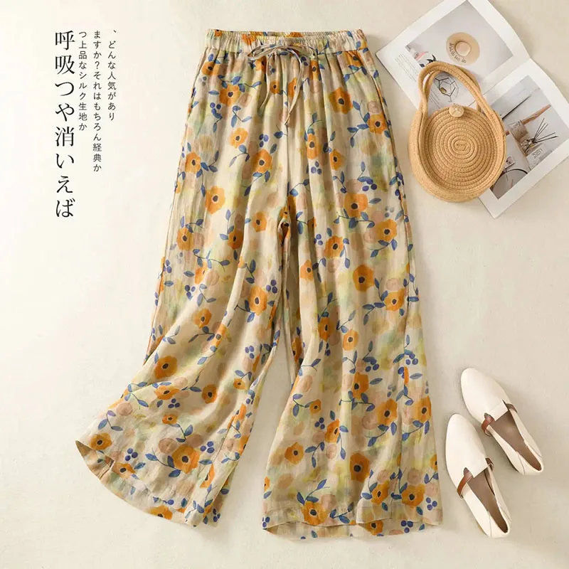 Vintage Ethno Boho Stil Gelbe Blumenmuster Baumwollhose Caprihose Damen Kordelzug Hohe Taille Taschen Urlaub Weite Beine Hose