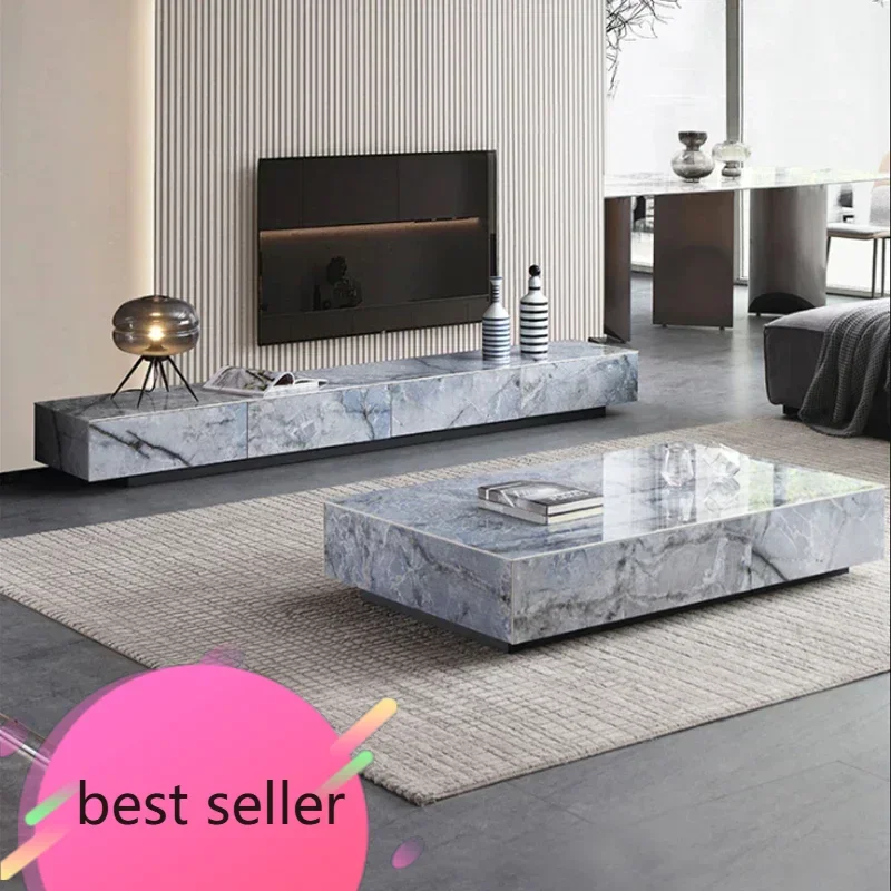 

BJ Light Luxury Stone Plate TV Cabinet And Tea Table Living Room Solid Wood Simple Storage Luxury Stone TV Floor Cabinet