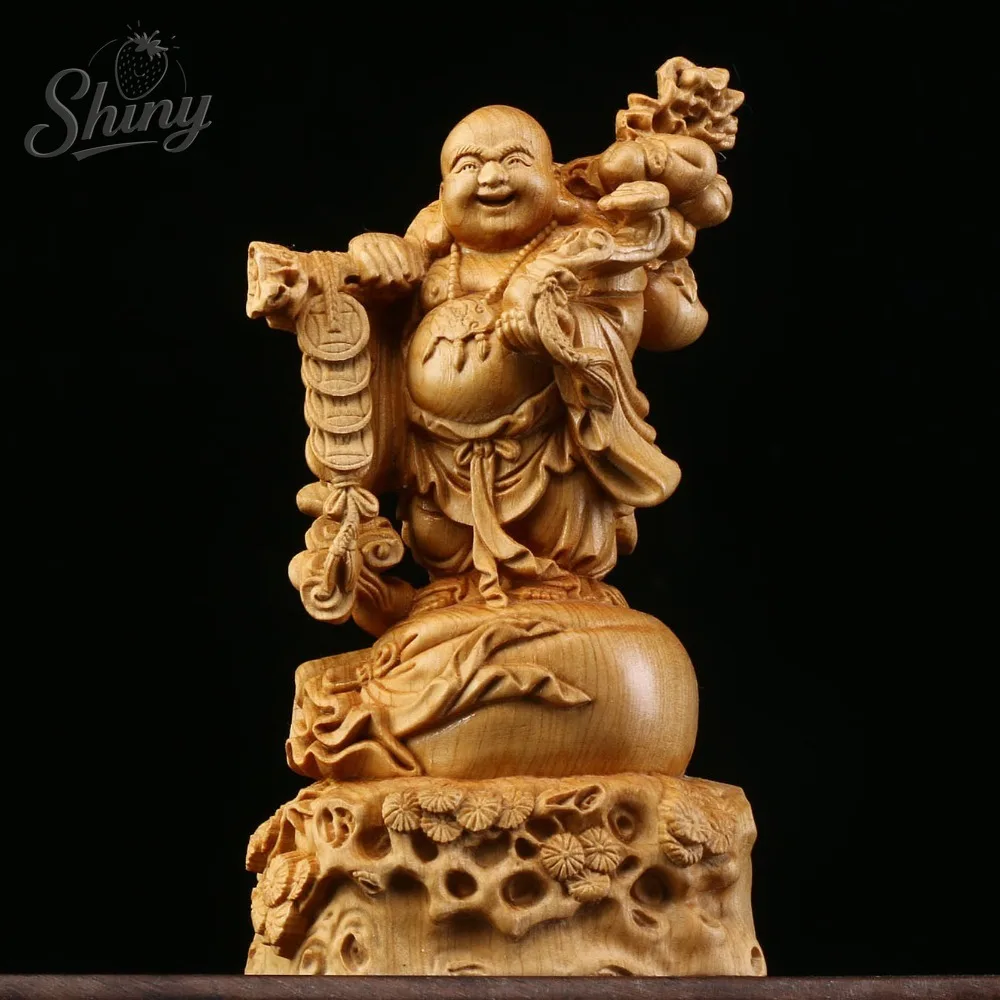 

Cliff Cypress Wood Carving Pick Copper Money Big Belly Maitreya Buddha Happy Laughing Buddha Ornament Home Decoration Crafts