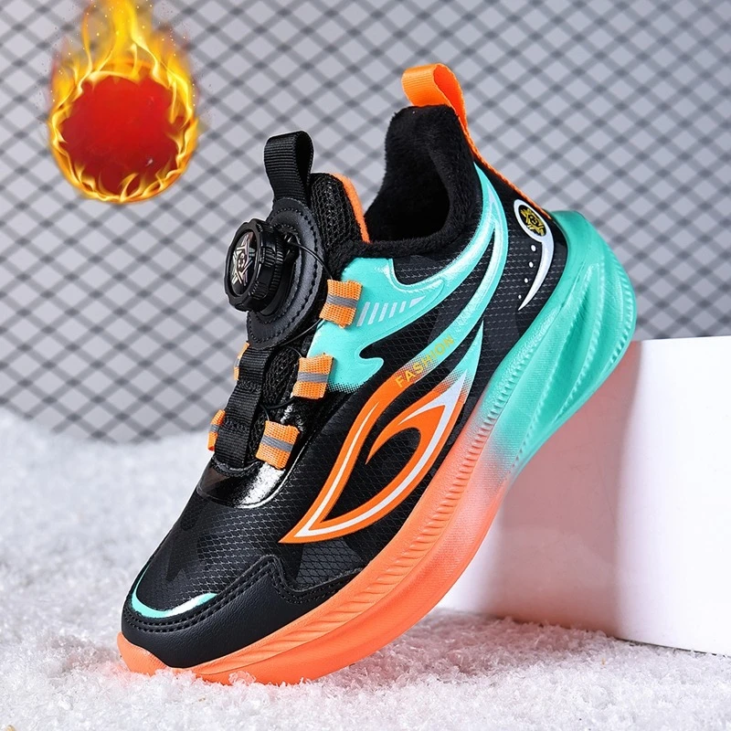 Kids Winter Warm Running Shoes Sneakers Rotary Buckle Fleece Lined Non-Slip Fashion Colorblock Children Casual Outdoor Shoes