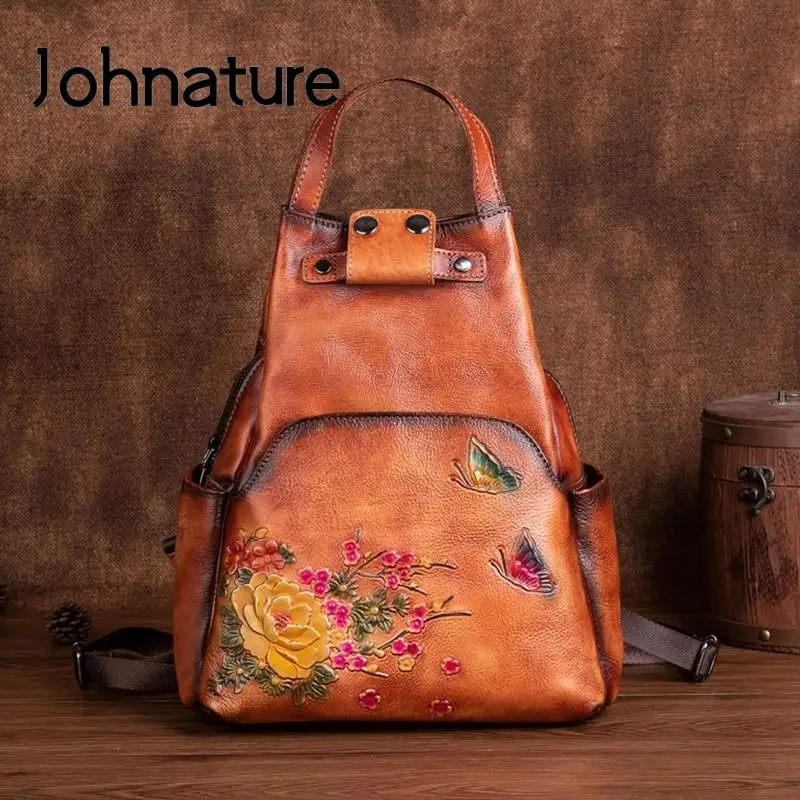 Johnature Genuine Leather Embossed Shoulder Bag Women Backpack 2024 New Retro Large Capacity Nature Cowhide Travel Backpacks