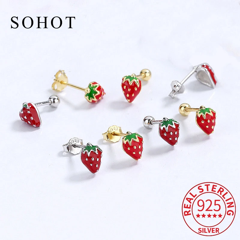 Real 925 Sterling Silver Red Enamel Strawberry Stud Earrings for Women Party Cute Plant Fine Jewelry Minimalist Accessories