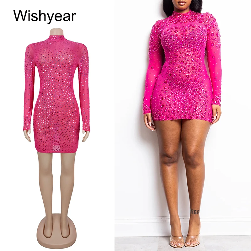 Wishyear Elegant Rhinestone Mesh Patchwork See Through Birthday Party Mini Dresses Women Long Sleeve Night Out Evening Vestidos