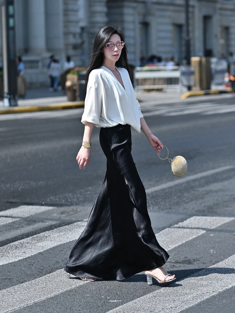 

Original Texture Heavyweight Acetate Pleated Waist Slimming Large Fi Tail Floor Length f Skirt Spring New Arrival Women'...