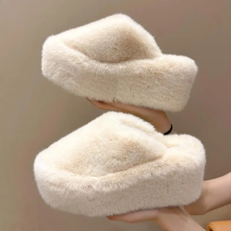 House Slippers Platform On A Wedge Shoes Slipers Women Slides Heeled Mules Fur Flip Flops Cover Toe Fashion 2023 Flat High Plush