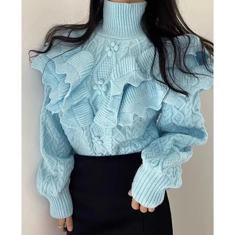 

Women Stylish Ruffles 3D Flower Sweet Chic Knitted Sweater Autumn Winter High Collar Long Sleeve Slim Pullover Tops Solid Jumper