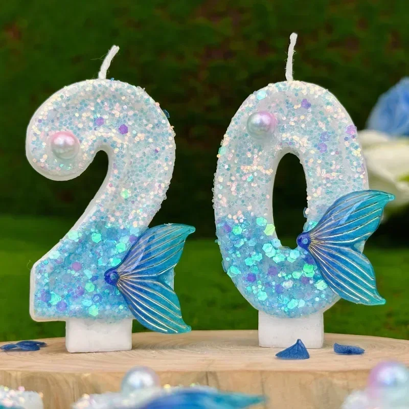 Digital Birthday Candles Cake Mermaid Tail Glitter Candle  Decoration DIY Baking Supplies for Wedding Anniversary Celebration