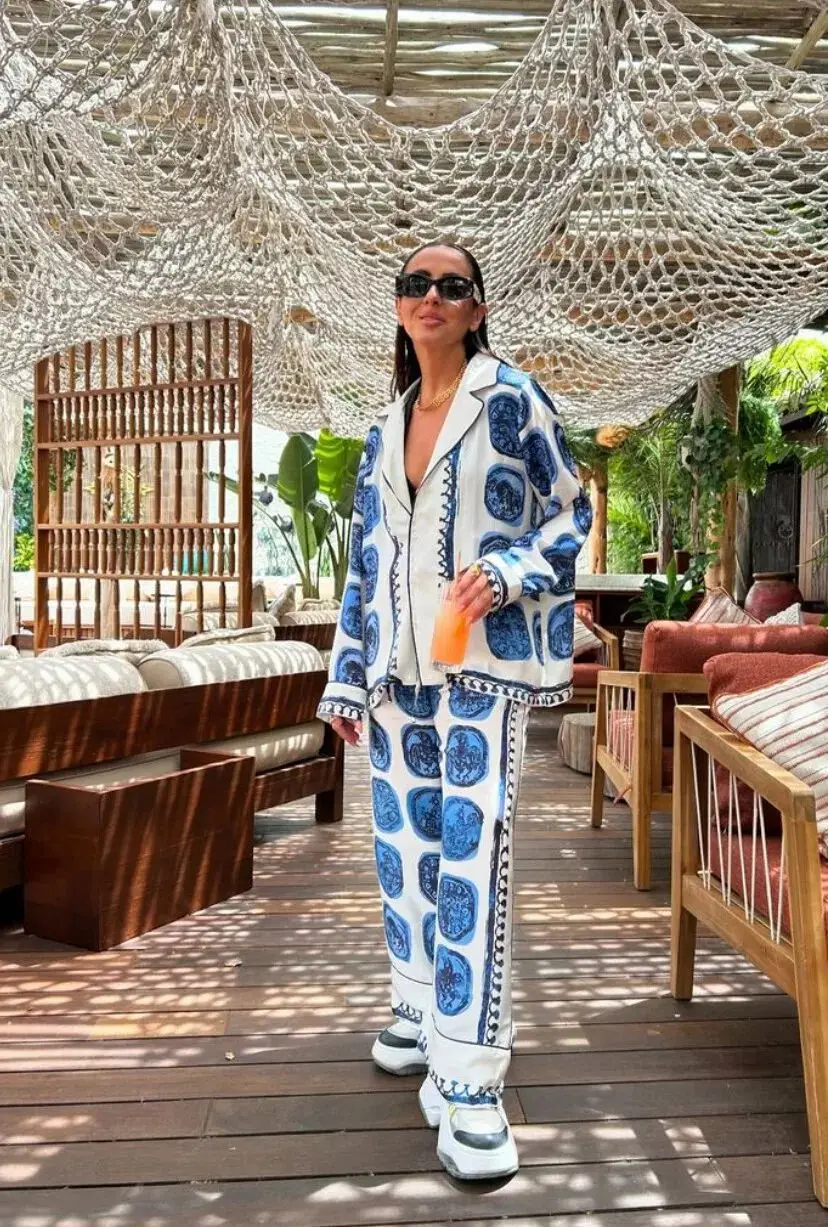 

Fashion Boho Print Suit Women Autumn Loose Lapel Long Sleeve Single Breasted Shirt Elastic Waist Wide Leg Pants Two Piece Set