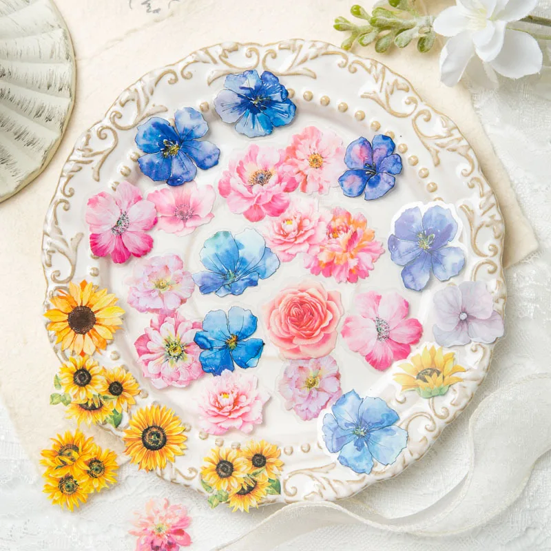 

50pcs Watercolor Flowers PET Stickers DIY Scrapbooking Album Background Decorative Collage Junk Journal Floral Aesthetic Sticker